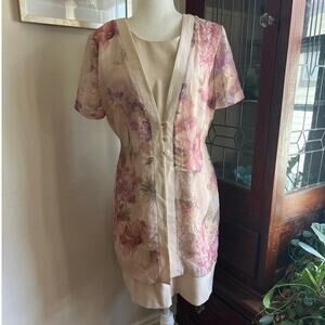 80s Vintage Dressbarn Pink Floral Sheath Dress Size M Tie Waist Midi Cottagecore